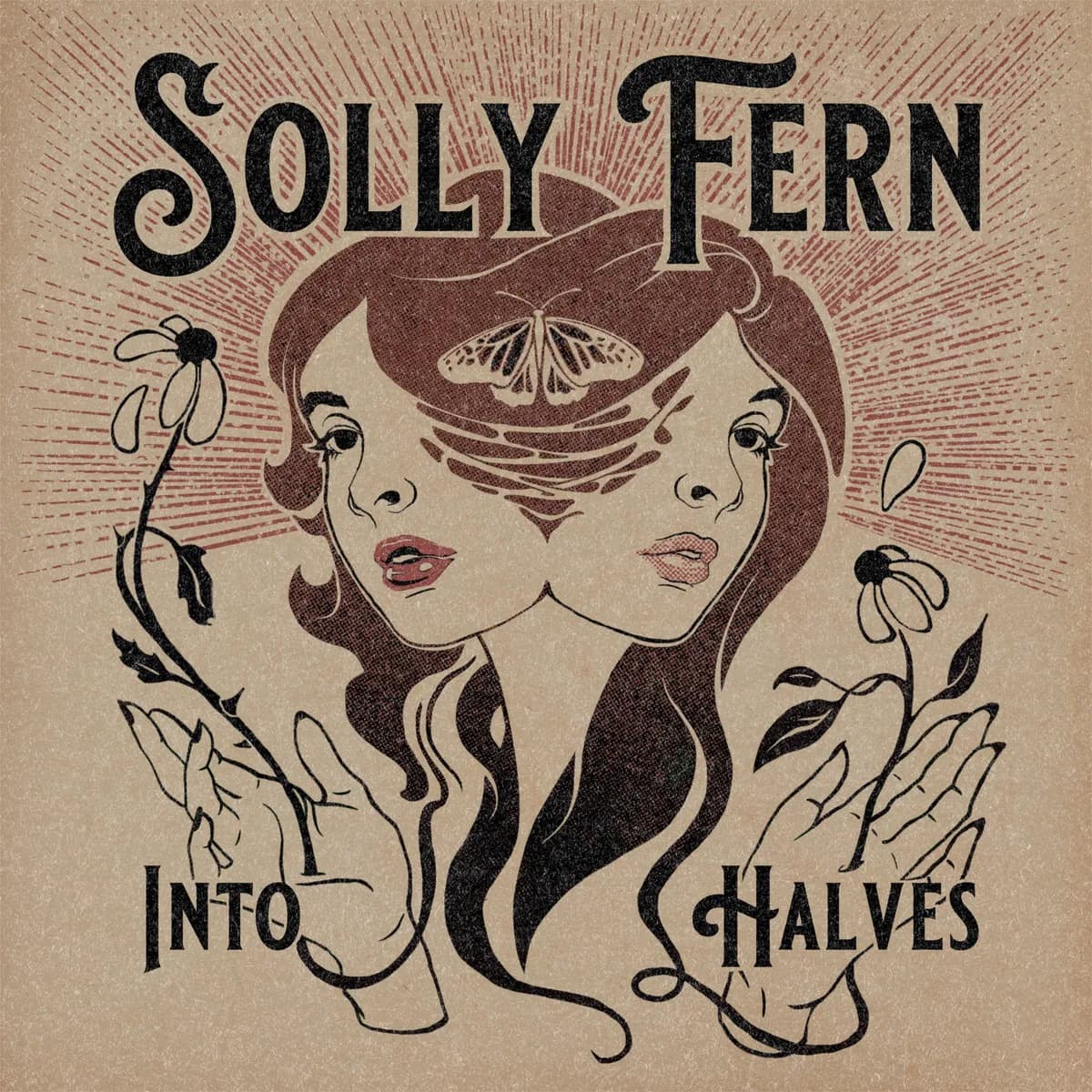 Into Halves EP cover: 2 faces sharing 1 head of hair, a butterfly above them, on kraft paper